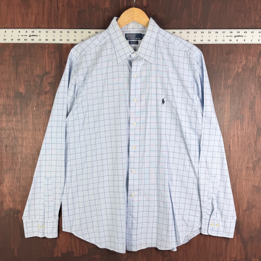 Polo Ralph Lauren Andrew Mens 17.5 36/37 Blue‎ Windowpane Check Cotton Shirt